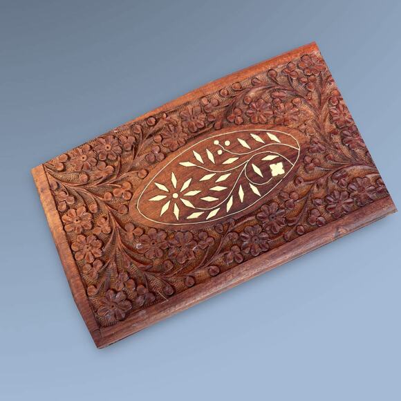 Vintage Hand Carved Indian Rosewood Trinket Box– Bone Inlay–Ornate Jewelry Box - Picture 1 of 6